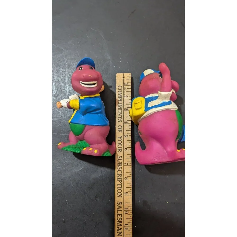 vintage Barney Dinosaur Coin Bank Pair With‎ Baseball & School Outfit purple